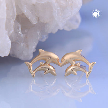 Stud earrings 10x7mm dolphin pair matt-shiny 9Kt GOLD
