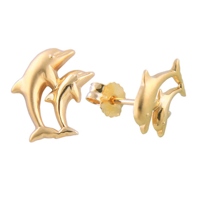 Stud earrings 10x7mm dolphin pair matt-shiny 9Kt GOLD