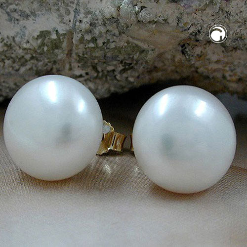 Stud earring approx. 11mm freshwater cultured pearl flattened 9Kt GOLD