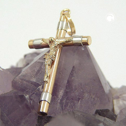 Pendant 25x14mm Cross-Jesus bicolor rhodium-plated 9Kt GOLD