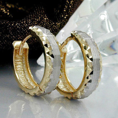 Hoop earring 14x4mm folding hinge bicolor diamond-cut 9Kt GOLD