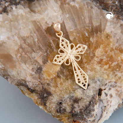 Pendant 27x16mm cross filigree shiny 9Kt GOLD