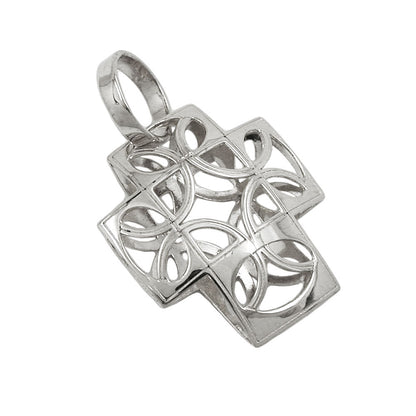 Pendant 14x12mm cross filigree curved semicircle pattern 9Kt white gold