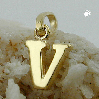 Pendant 8x6mm letter V shiny 9Kt GOLD
