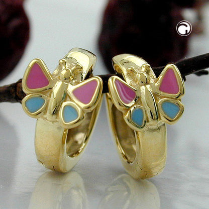 Hoop earrings 12x7mm folding hinge butterfly pink-blue lacquered 9Kt GOLD
