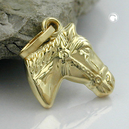 Pendant 12x12mm horse head shiny 9Kt GOLD