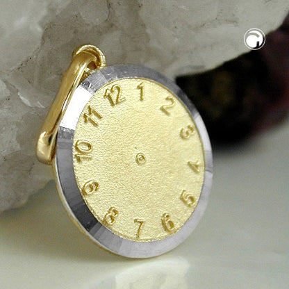 Pendant 12.4mm christening clock bicolor rhodium-plated 9Kt GOLD