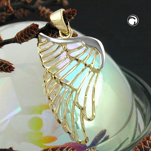 Angel wing pendant 24x14mm bicolor rhodium-plated diamond-cut 9K GOLD