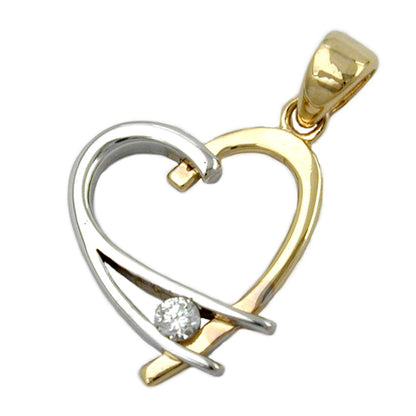 Pendant 14x13mm heart open bicolor with zirconia 9Kt GOLD