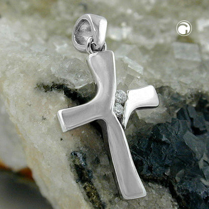 Pendant 19x12mm cross shiny with 2 zirconias 9Kt white gold