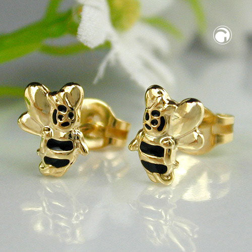 Stud earring 7x6mm bee black lacquered 9Kt GOLD
