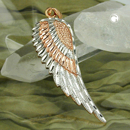 Pendant 36x13mm angel wing bicolor rhodium-plated 9Kt red gold