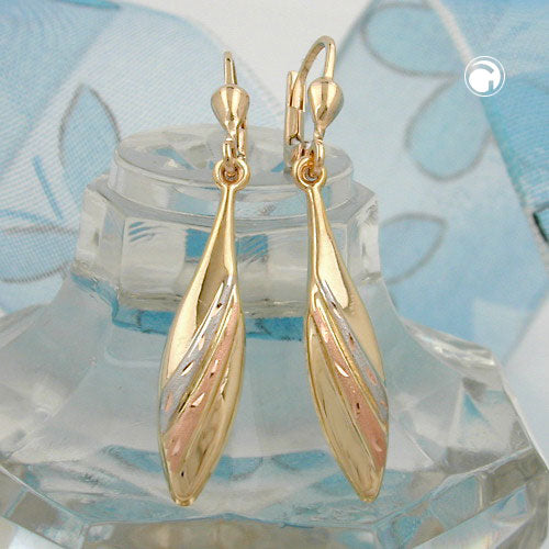 Ear leverback earrings earrings 41x6mm tricolor partially matt diamond-coated 9K GOLD