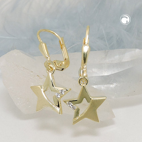Ear clip earrings 25x10mm star partially matte with zirconias 9Kt GOLD