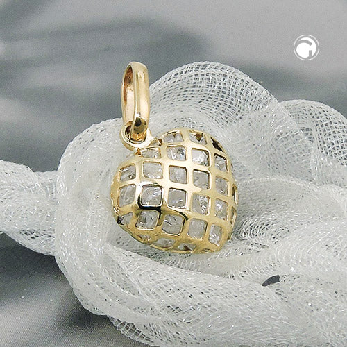 Pendant 11x12mm heart filled with small zirconias 9Kt GOLD
