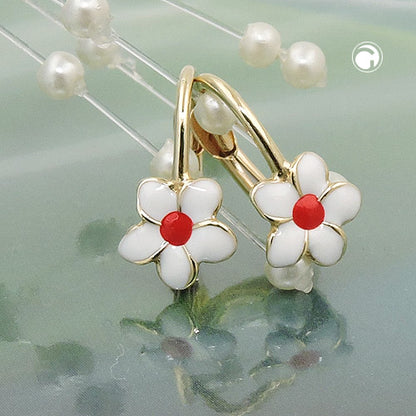 Ear clip earrings 13x7mm flower white-red enamelled 9Kt GOLD