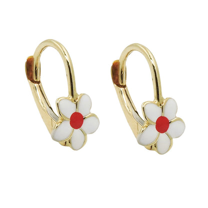 Ear clip earrings 13x7mm flower white-red enamelled 9Kt GOLD