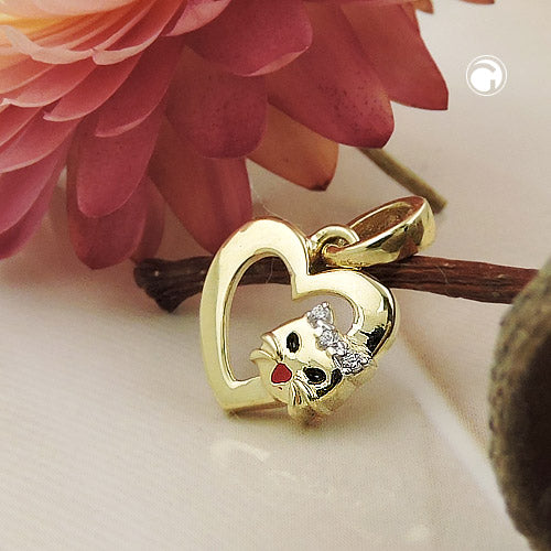 Heart pendant with cat head 10x10mm 9Kt GOLD