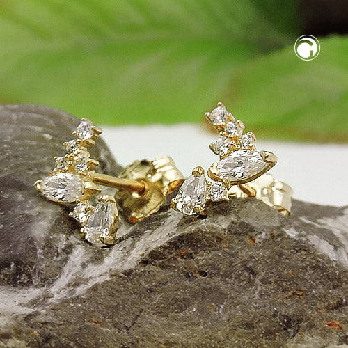 Ohrstecker „7×6 mm Fantasie Bogen mit Zirkonias“ 9 K Gold – funkelnd & elegant