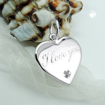 Pendant 16mm heart with lettering - I love you - and zirconia shiny silver 925