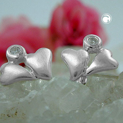 Stud earrings 8x8mm 2 hearts matt zirconia silver 925