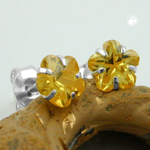 Stud earrings 5mm flower zirconia citrine yellow silver 925