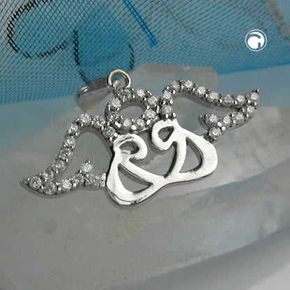 Pendant 11x26mm two angels with halo and zirconias silver 925