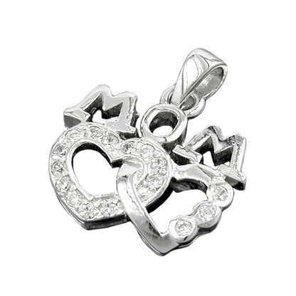 Pendant 19x17mm MOM with 2 hearts and many zirconias rhodium-plated silver 925