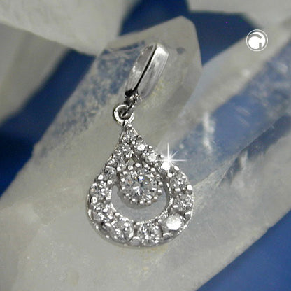 Pendant 12x9mm drop with zirconias rhodium-plated silver 925