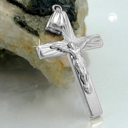 Pendant 28x19mm cross with Jesus shiny rhodium-plated silver 925