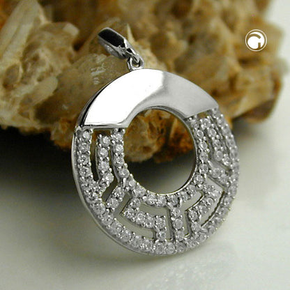 Pendant 20mm round with zirconias shiny rhodium-plated silver 925