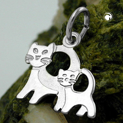 Pendant 12x13mm cat pair matt-shiny rhodium-plated silver 925