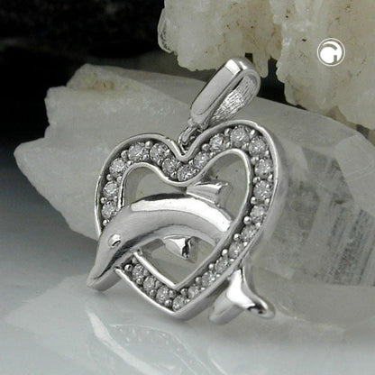 Pendant 14x15mm heart with dolphin rhodium-plated silver 925
