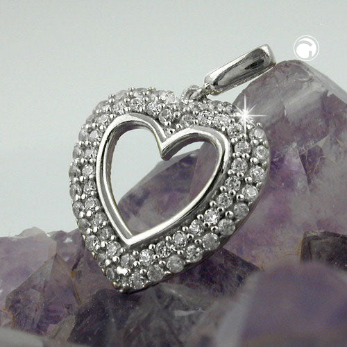 Pendant 16x15mm heart with many zirconias rhodium-plated silver 925