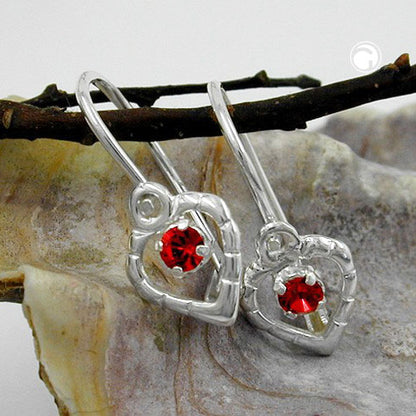 Ear hook earrings 15x6mm heart glass stone red shiny silver 925
