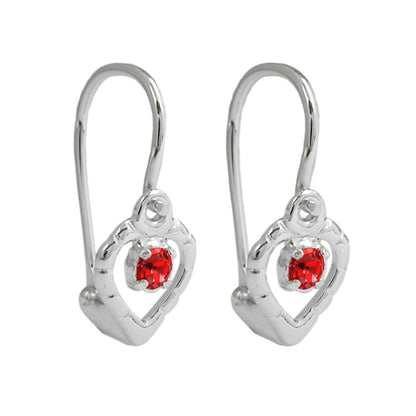 Ear hook earrings 15x6mm heart glass stone red shiny silver 925