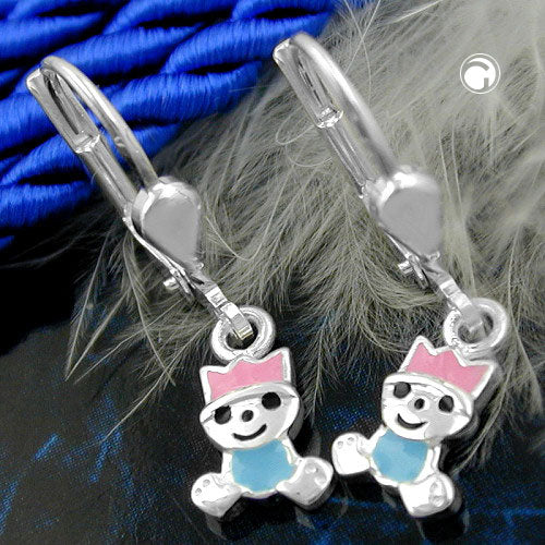 Ear stud earrings 24x6mm little king pink-light blue lacquered silver 925