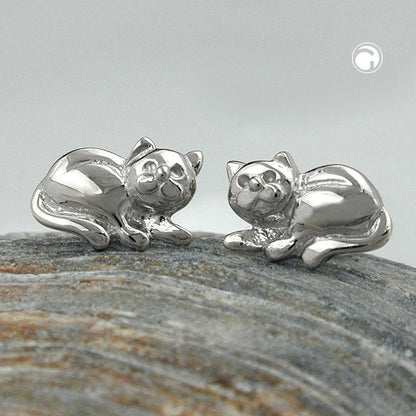 Stud earring 7x10mm lying cat shiny rhodium-plated silver 925