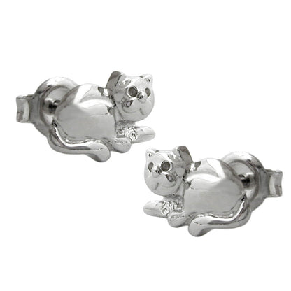 Stud earring 7x10mm lying cat shiny rhodium-plated silver 925