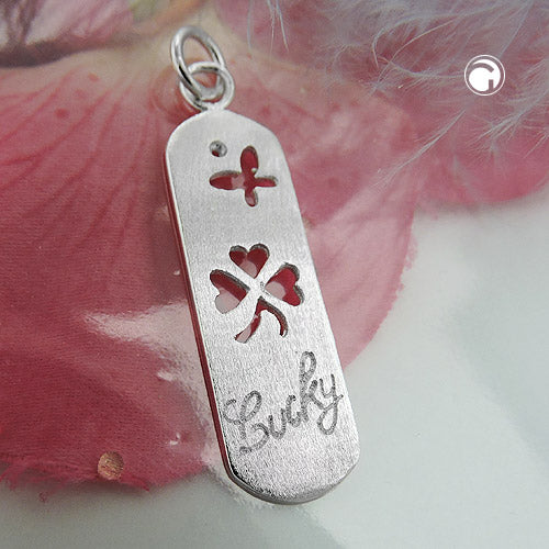 Pendant 36x10mm plate with cloverleaf butterfly Lucky matt brushed 925