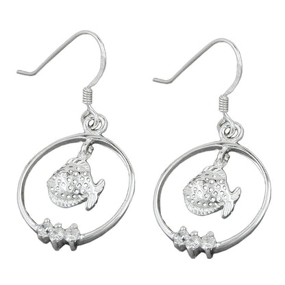 Ear hooks 37x18mm fish in a ring with zirconias shiny rhodium-plated silver 925