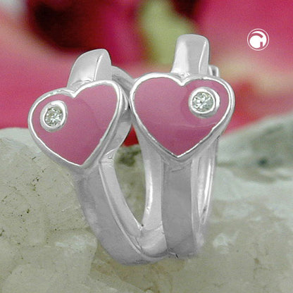 Hoop earrings 12x2mm hinged heart pink lacquered with zirconia silver 925