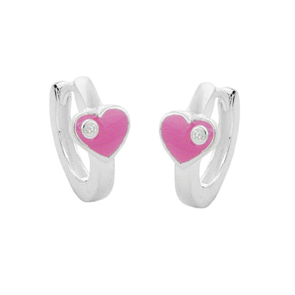 Hoop earrings 12x2mm hinged heart pink lacquered with zirconia silver 925