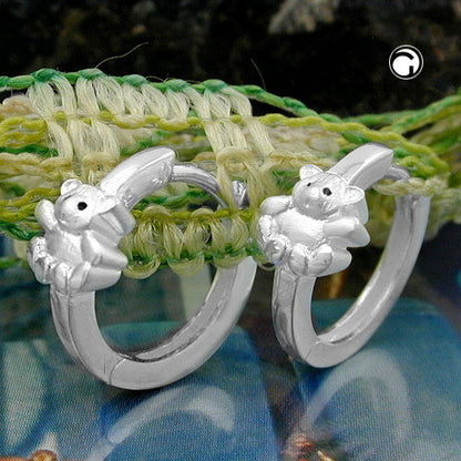 Hoop earrings 13x6mm with hinged toy bear, matt-glossy, silver 925