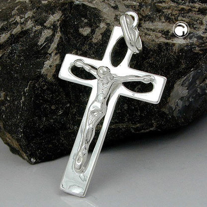 Pendant 29x17mm cross with Jesus openwork shiny silver 925