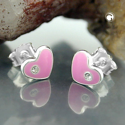 Stud earring 6x7mm children's earring heart pink lacquered silver 925
