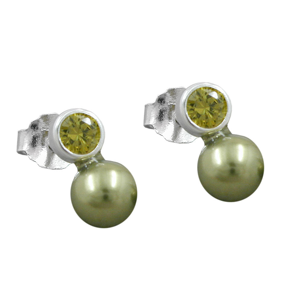 Ohrstecker „7×4 mm Zirkonia & Imitatperle peridotfarben“ Silber 925 – feminin & edel