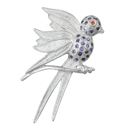 Pendant 44x26mm bird with purple stones 925