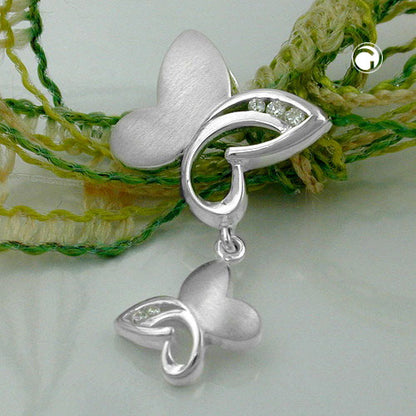 Pendant 30x17mm 2 butterflies matt-shiny zirconias silver 925