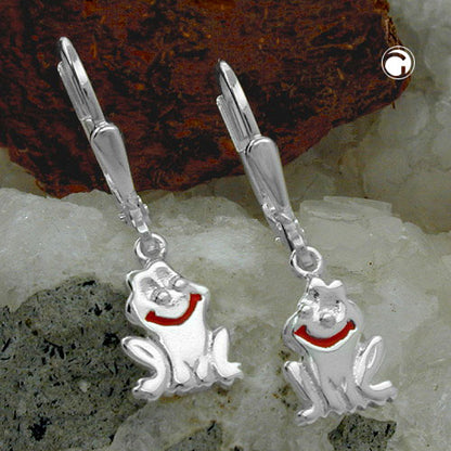 Ear stud earrings 25x7mm smiling frog red lacquered shiny silver 925